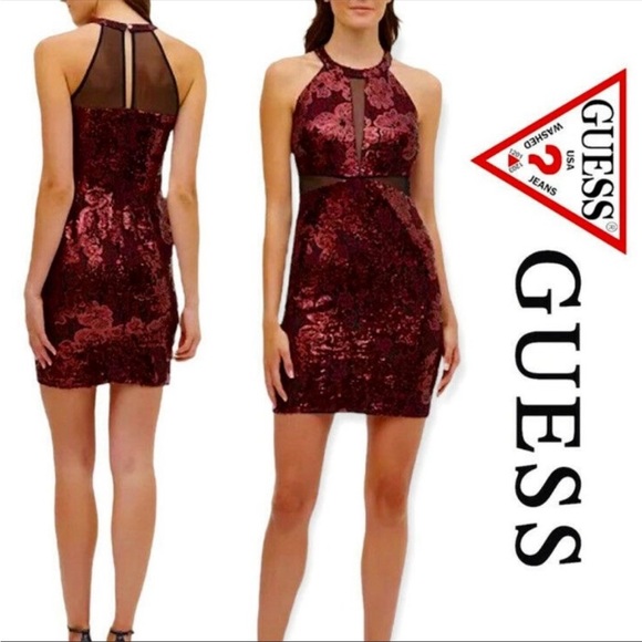 Sequined Lace and Mesh Bodycon Dress in Maroon - Picture 2 of 10